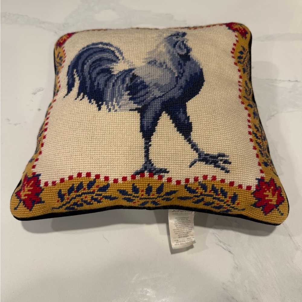 Vintage rooster motif needlepoint pillow cover with pillow insert